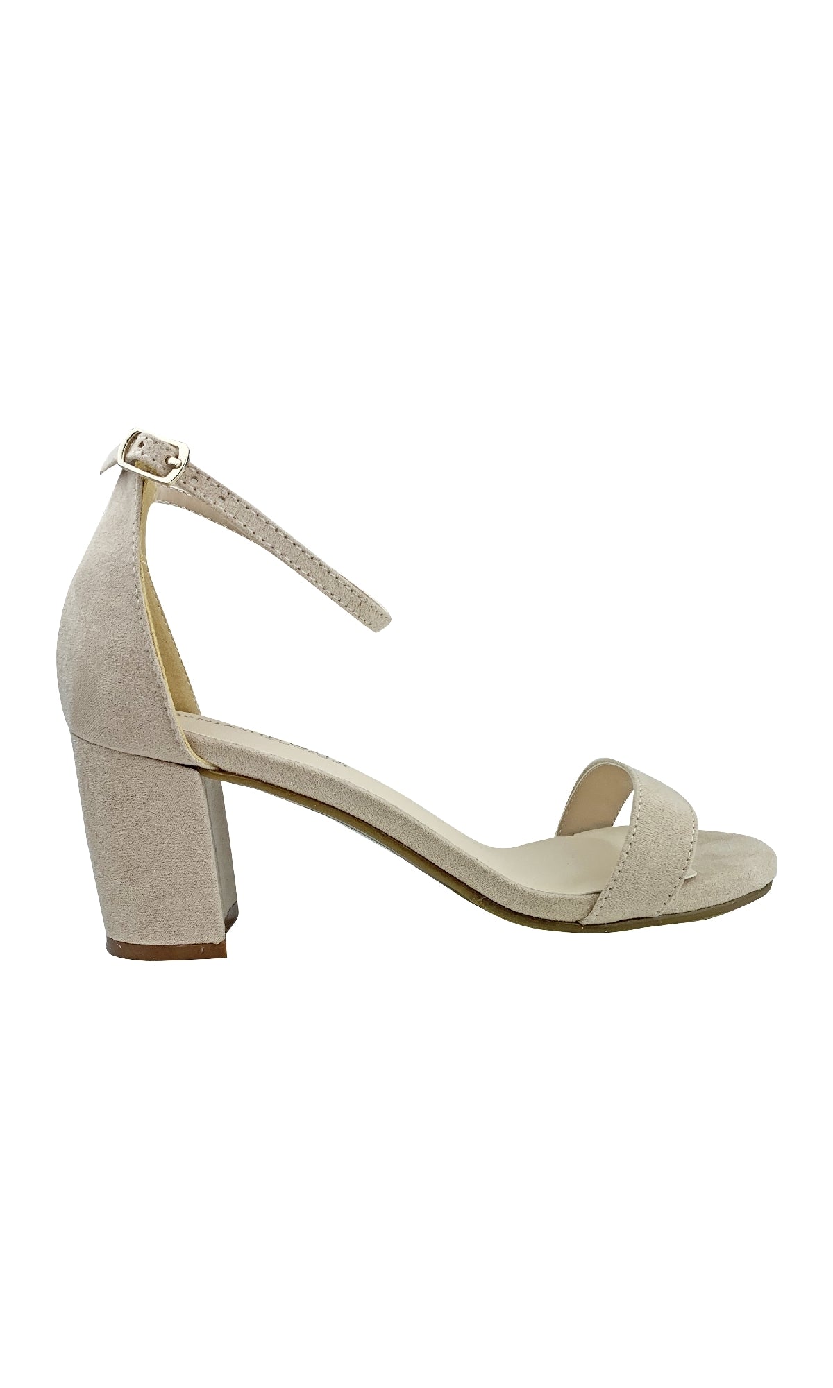 The January Beige Prom Shoes: Dyeables 4368 feature a beige suede block heel, ankle strap with buckle, open toe, and low heel—ideal as beige prom shoes—shown in profile on a white background.